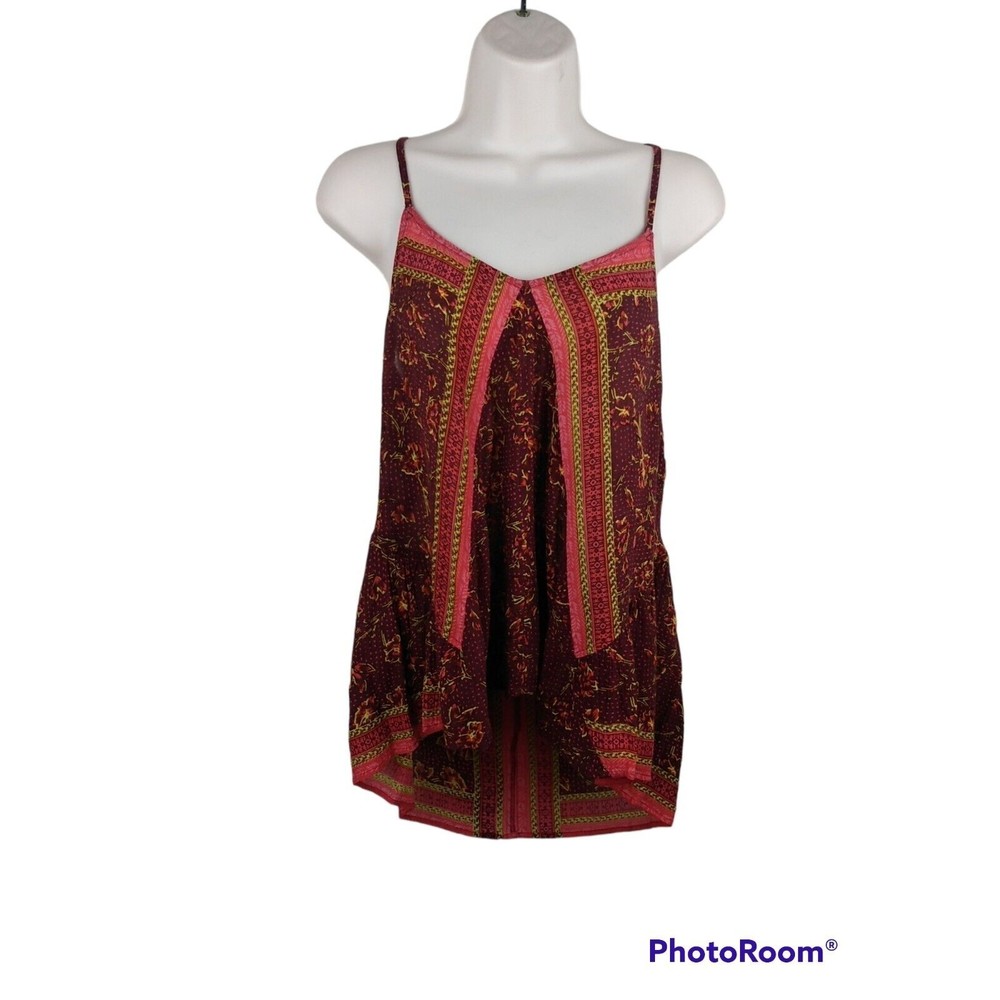 Free People Blouse Flowy Floral Strappy Tank Top Boho Burgundy Viscose Womens SP - Picture 2 of 7